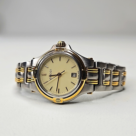 Authentic Gucci Watch 9040L Ladies Dial Quartz Two-Tone Link Date Watch - Picture 1 of 13